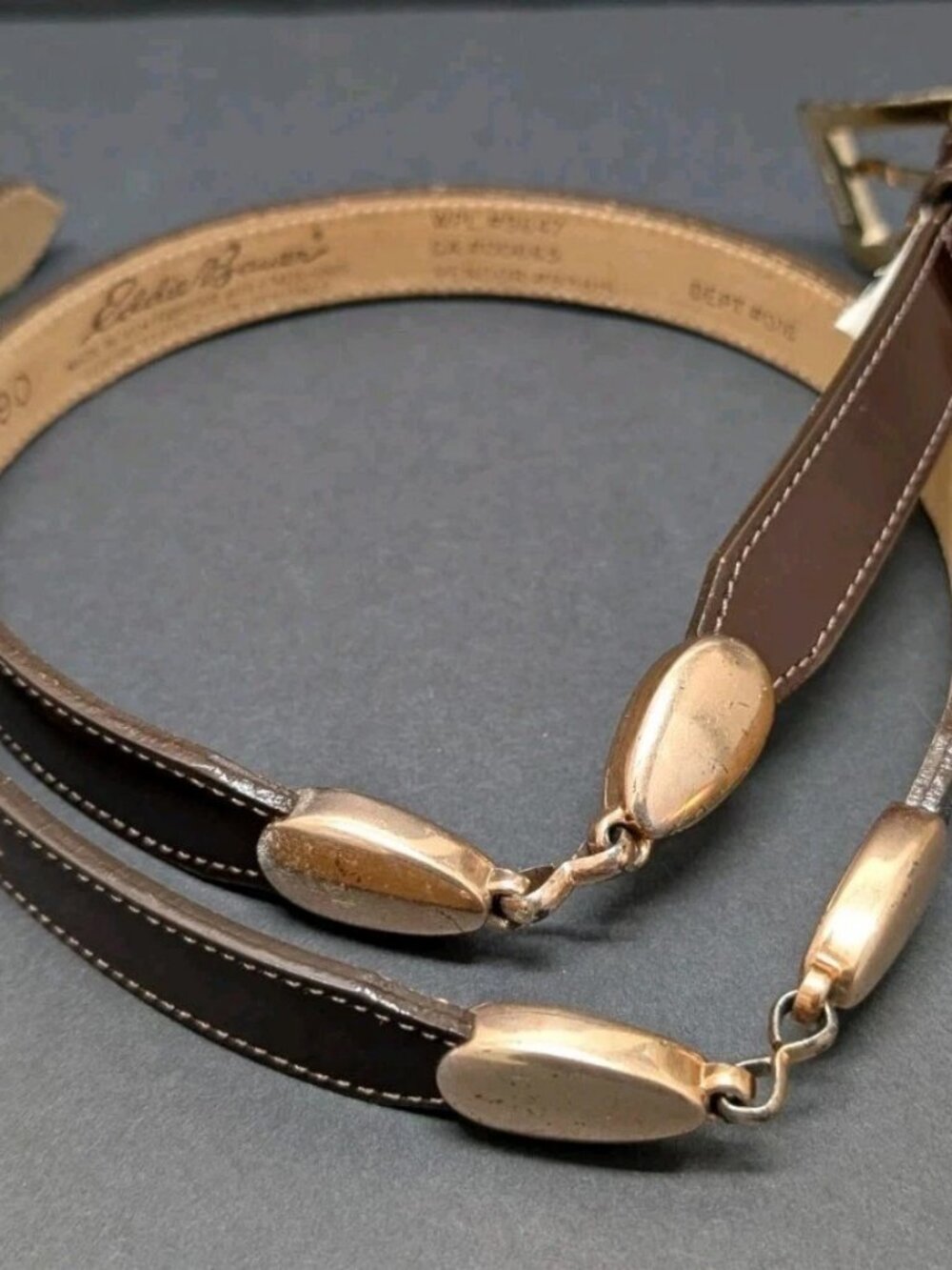 Eddie Bauer Women's 30 Brown Smooth Leather Skinny Link Belt Gold Buckle Vintage